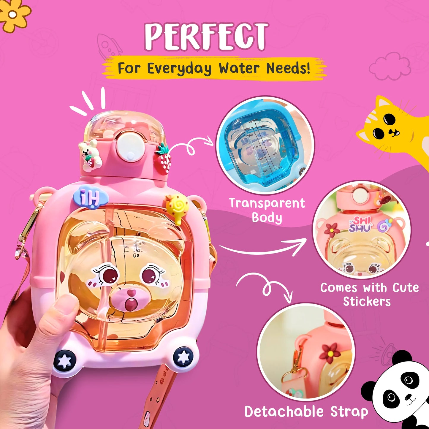 New Teddy Water Bottle For Kids (1 Liter) Surprise Colour